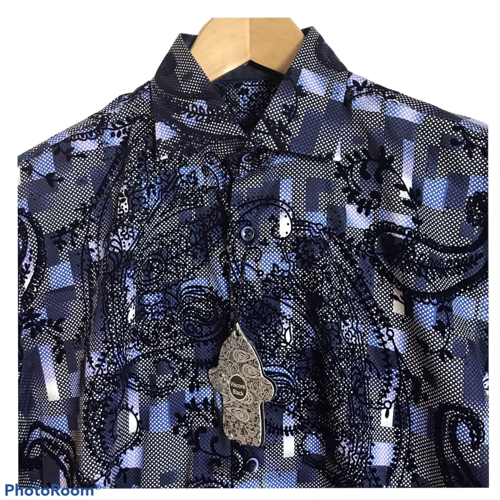 Vintage VISCONTI BLACK Shirt Mens Small FLOCKED Paisley Geometric LS Blue NEW Size US S / EU 44-46 / 1 - 3 Thumbnail