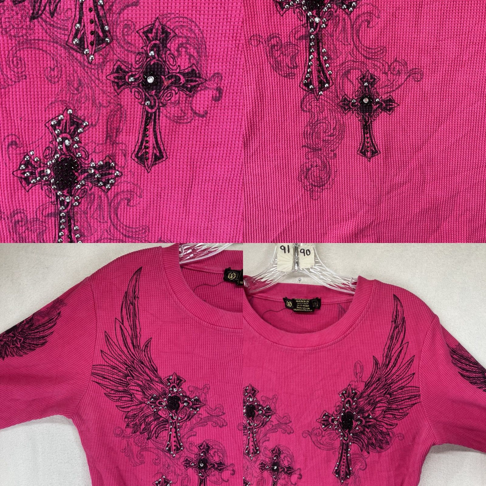Vintage VINTAGE Old School Cross Wings Rhinestone Thermal Shirt Womens L Magenta Pink 90s Y2K Geometric Long Sleeve Crew Neck Size L / US 10 / IT 46 - 8 Thumbnail