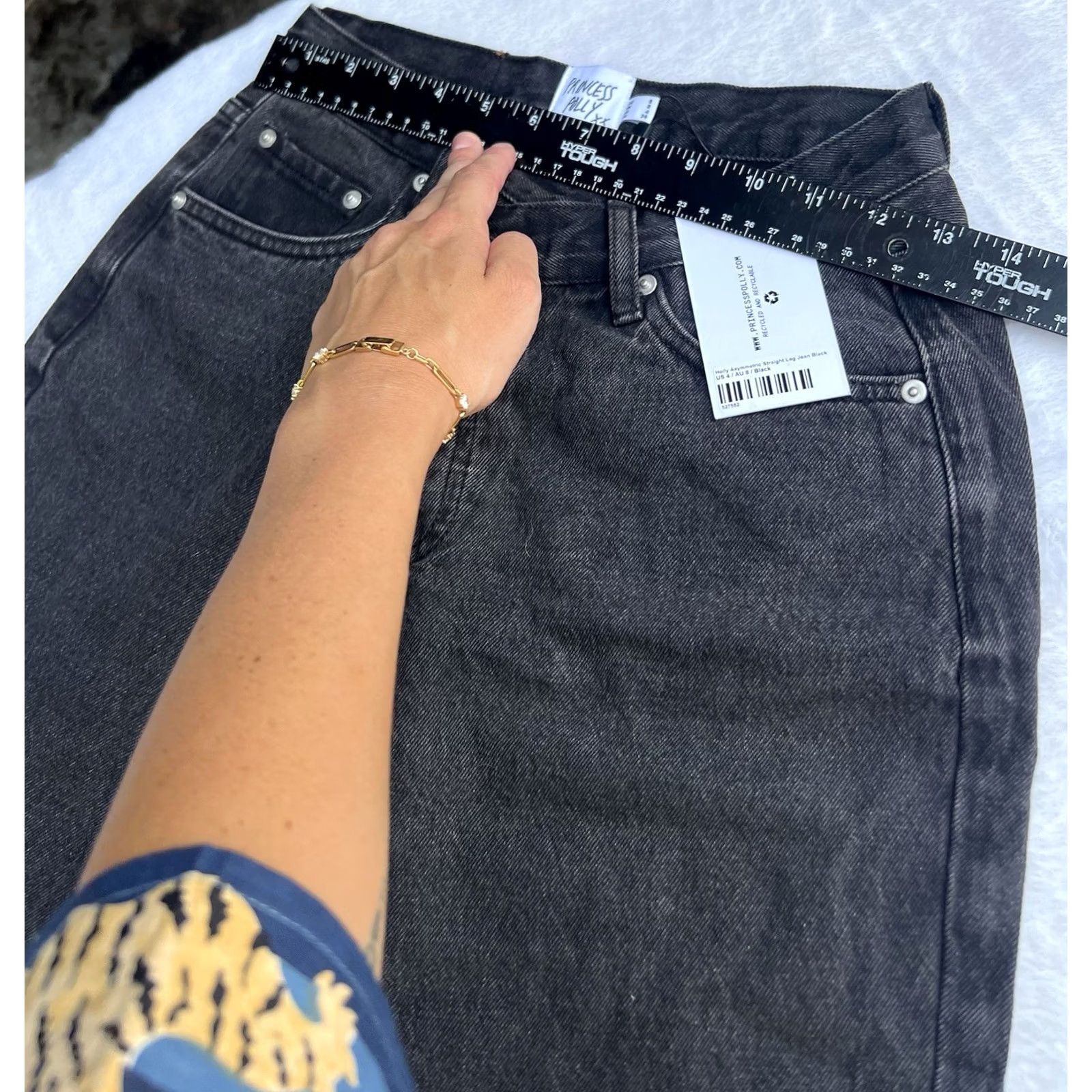 PRINCESS POLLY NWT Princess Polly Women's Black Asymmetrical Jeans Size 4 Straight Denim 29.5in Inseam Pockets Dark Wash Button Rise Mid Black - Womens Size 27" / US 4 / IT 40 - 3 Thumbnail