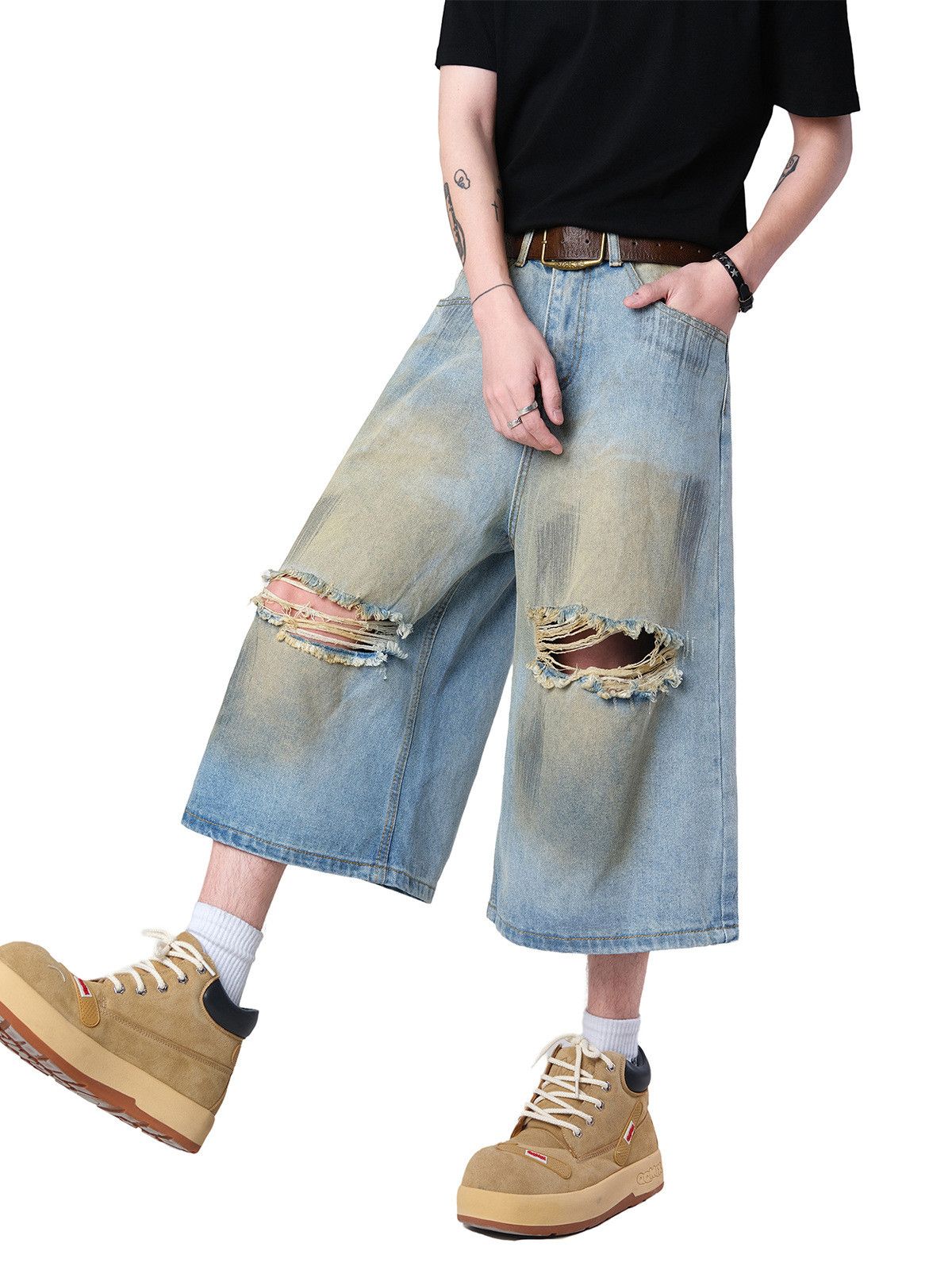 Japanese Brand Men's American loose straight casual ripped denim shorts Size US 32 / EU 48 - 3 Thumbnail