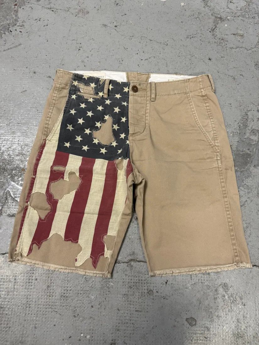 Designer × Polo Ralph Lauren × Vintage 2000s Ralph Lauren USA Distressed Flag Beige Shorts Size US 31 - 1 Thumbnail