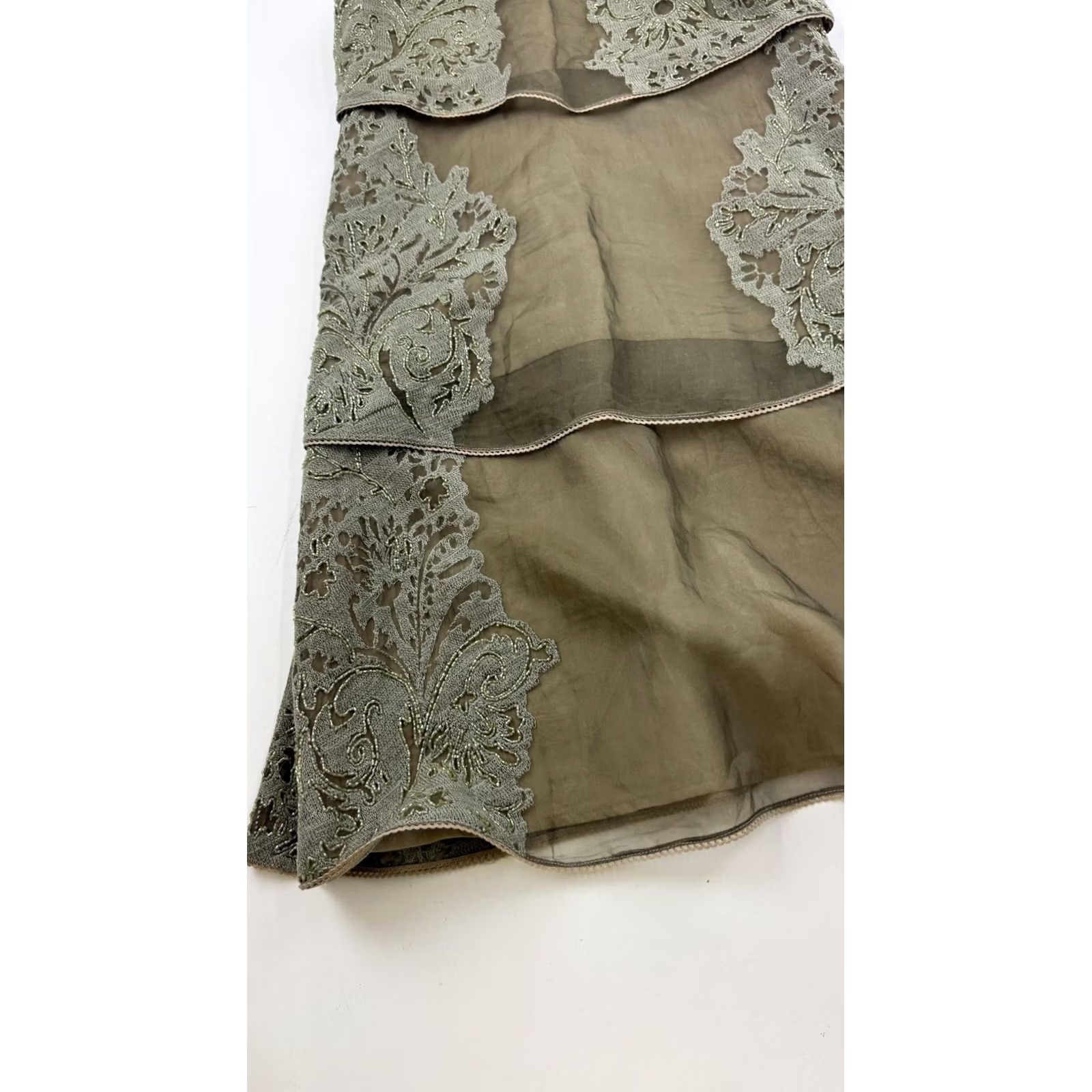 Anthropologie Not So Serious Dress Womens 0 Olive Green Silk Beaded Embroidered Tiered Sheer Size XS / US 0-2 / IT 36-38 - 3 Thumbnail