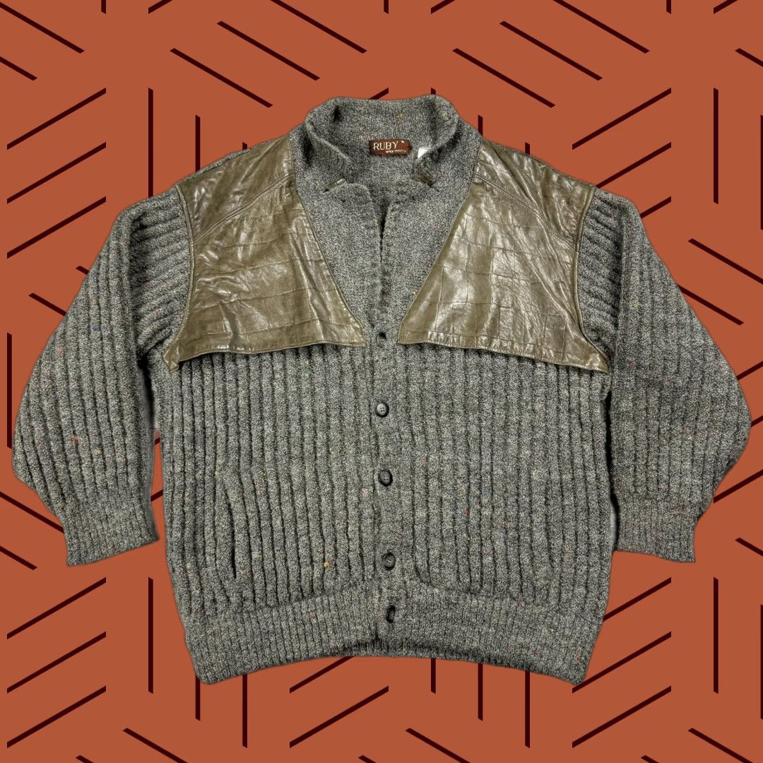 Vintage VINTAGE Ruby Leather Accent Rag Wool Mohair Cardigan Blazer Mens Italy SZ M Gray 1970s Secretary/Geek 70s Mens Size US M / EU 48-50 / 2 - 1 Thumbnail