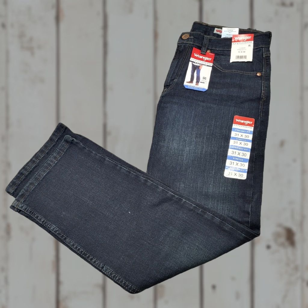 Wrangler Wrangler Jeans Mens 31x30 Five Star Premium Straight Fit Stretch Banks Blue Denim Jeans Regular Mens 31 Blue Cowboy USA 5-Pocket Design Size US 31 - 1 Thumbnail