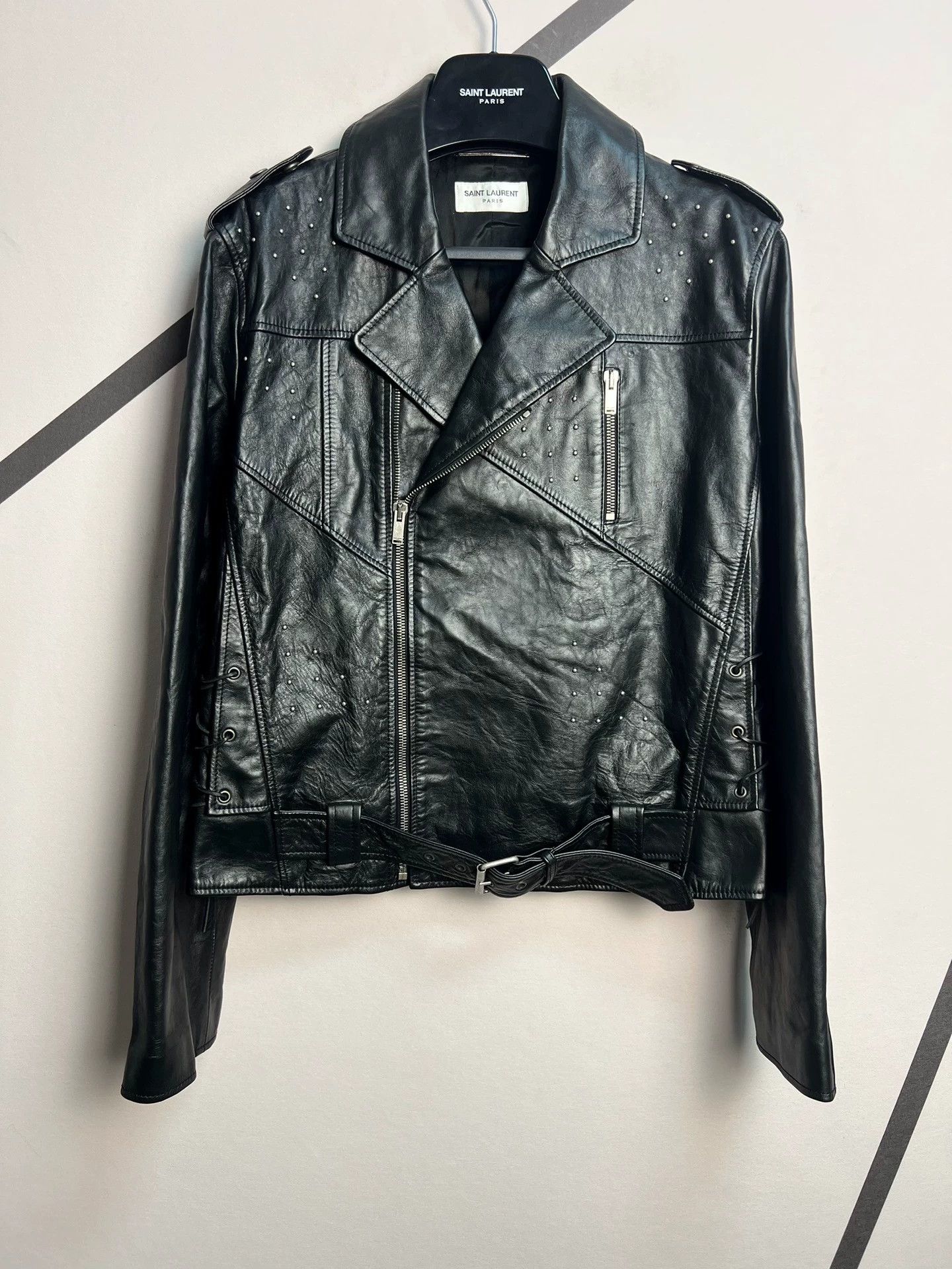 Saint Laurent Paris Saint Laurent studded drawstring motorcycle leather jacket Size US S / EU 44-46 / 1 - 1 Thumbnail