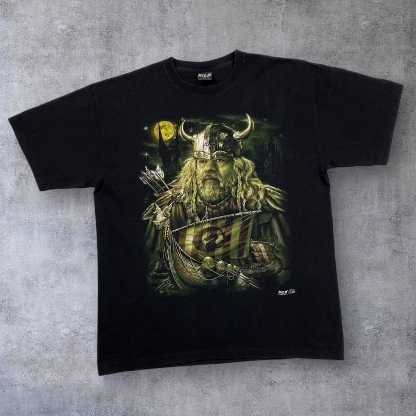 Vintage WILD Gothic Fantasy Viking Warrior Graphic Black T-Shirt XL Men Vintage Regular Short Sleeve Cotton T-Shirt Mens Size US XL / EU 56 / 4 - 2 Thumbnail