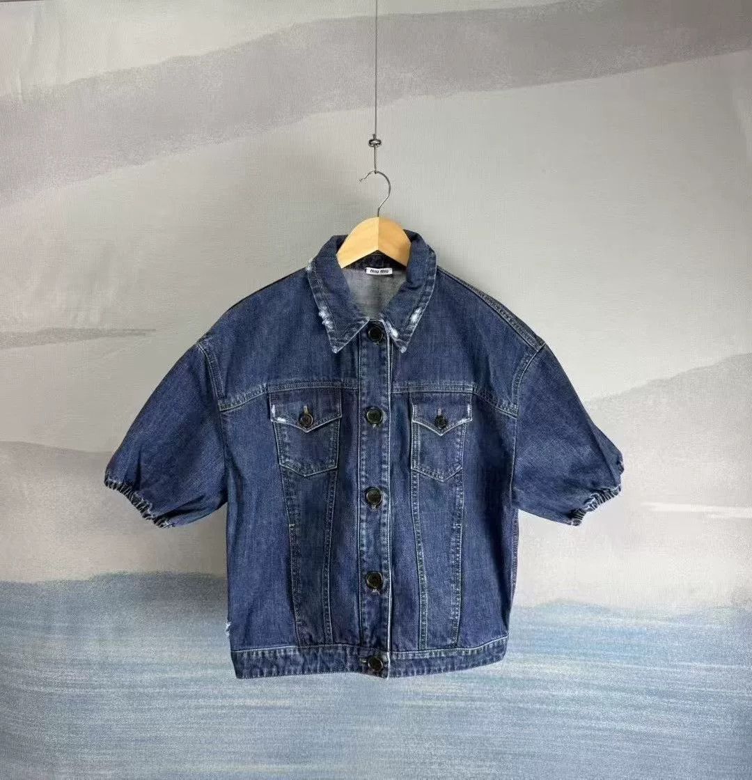 Miu Miu Miu Miu Blue Distressed Denim Short-Sleeve Shirt Size S / US 4 / IT 40 - 1 Thumbnail
