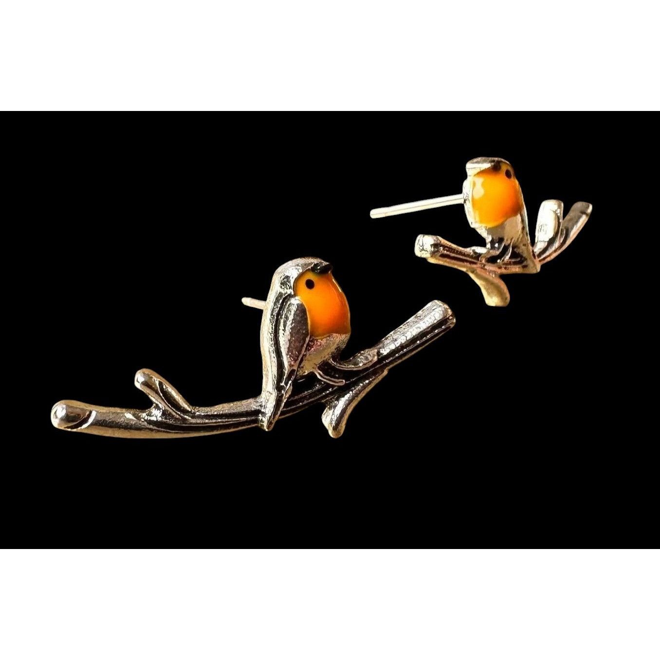 Handmade Robin Bird Earrings Ear Climbers New Orange Silver Tree Bran Size ONE SIZE - 9 Thumbnail