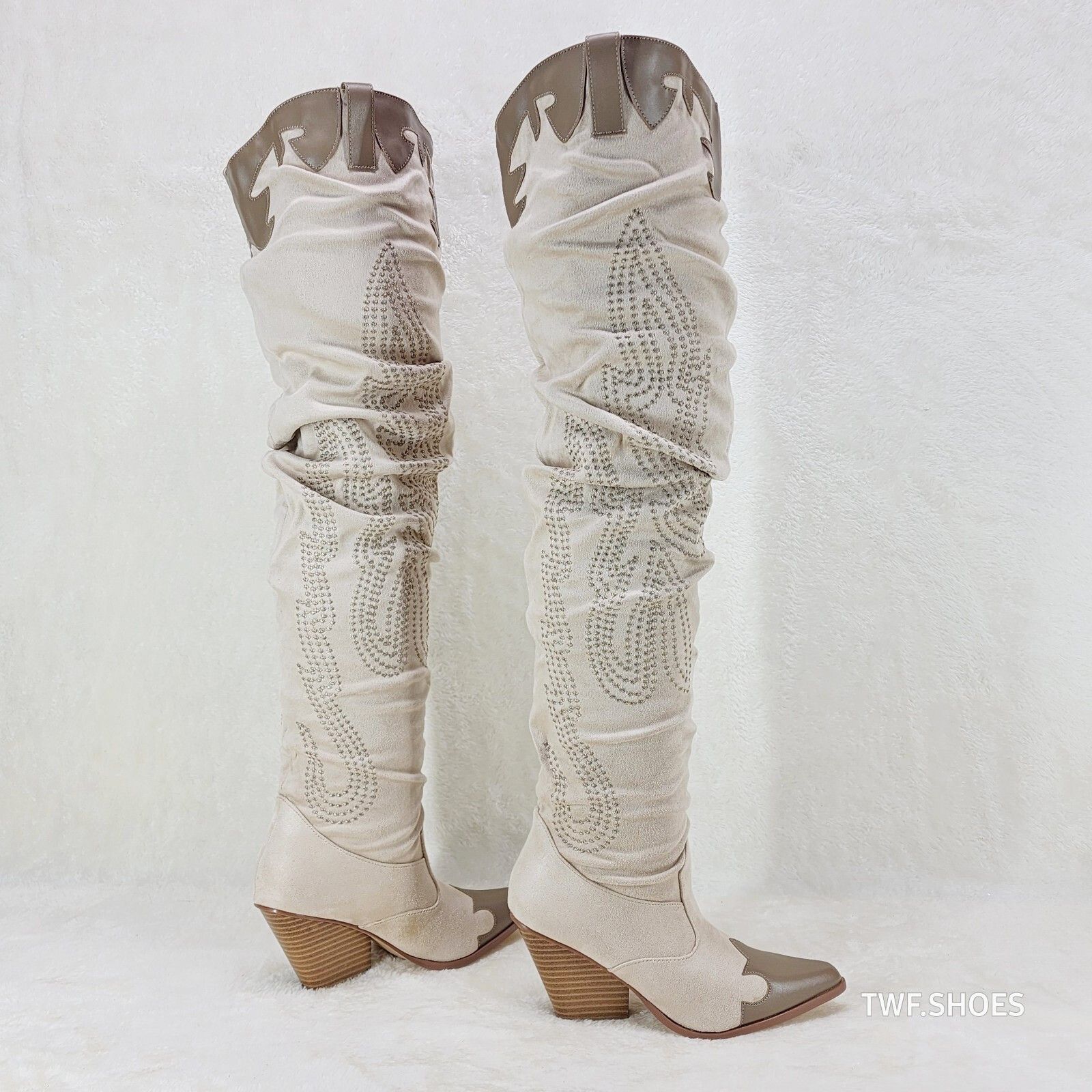 Other Iconic Country Western Thigh high Cowgirl Boots Cream Taupe Size US 8 / IT 38 - 5 Thumbnail