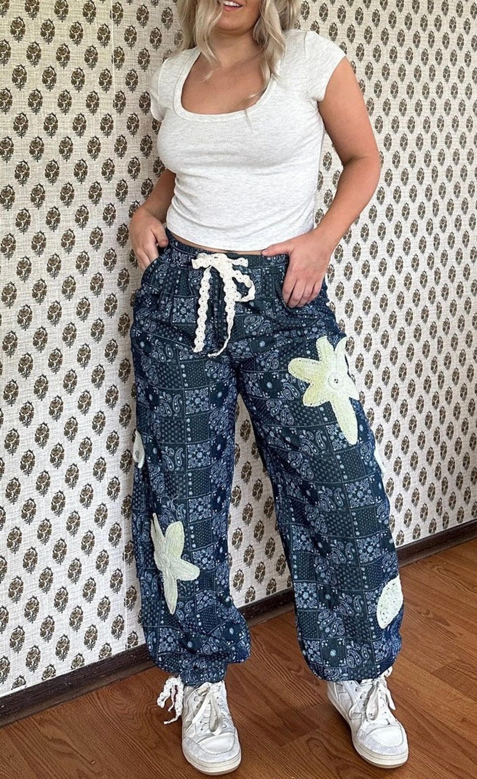 POL Pleat Detail Floral Patchwork Cargo Jogger Pants