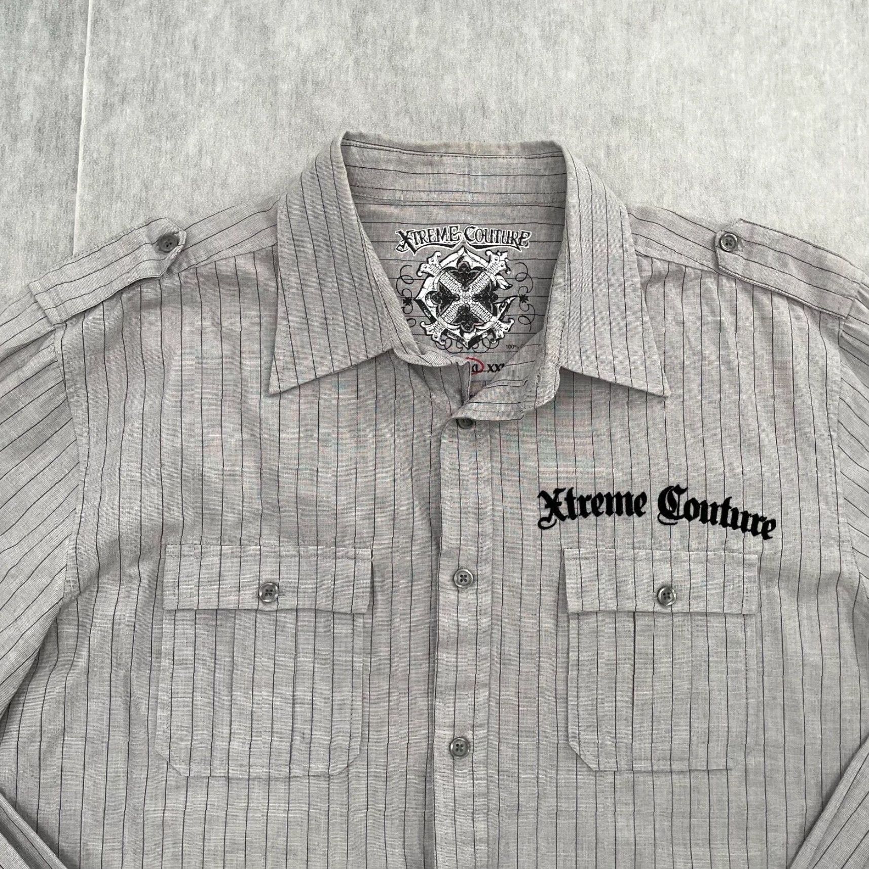 Vintage VINTAGE Xtreme Couture Shirt Adult XL Gray Striped Button-Up Angel Wings MMA Mens Size US XL / EU 56 / 4 - 4 Thumbnail