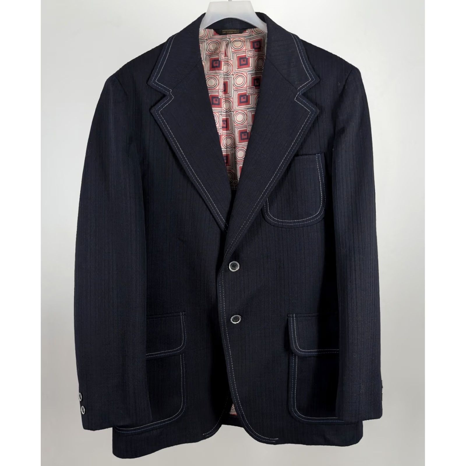 Vintage VINTAGE Lee-Wald Blazer Sport Coat Navy Textured Contrast Stitch Op Art 40R Mens Jacket Size 40R - 3 Thumbnail