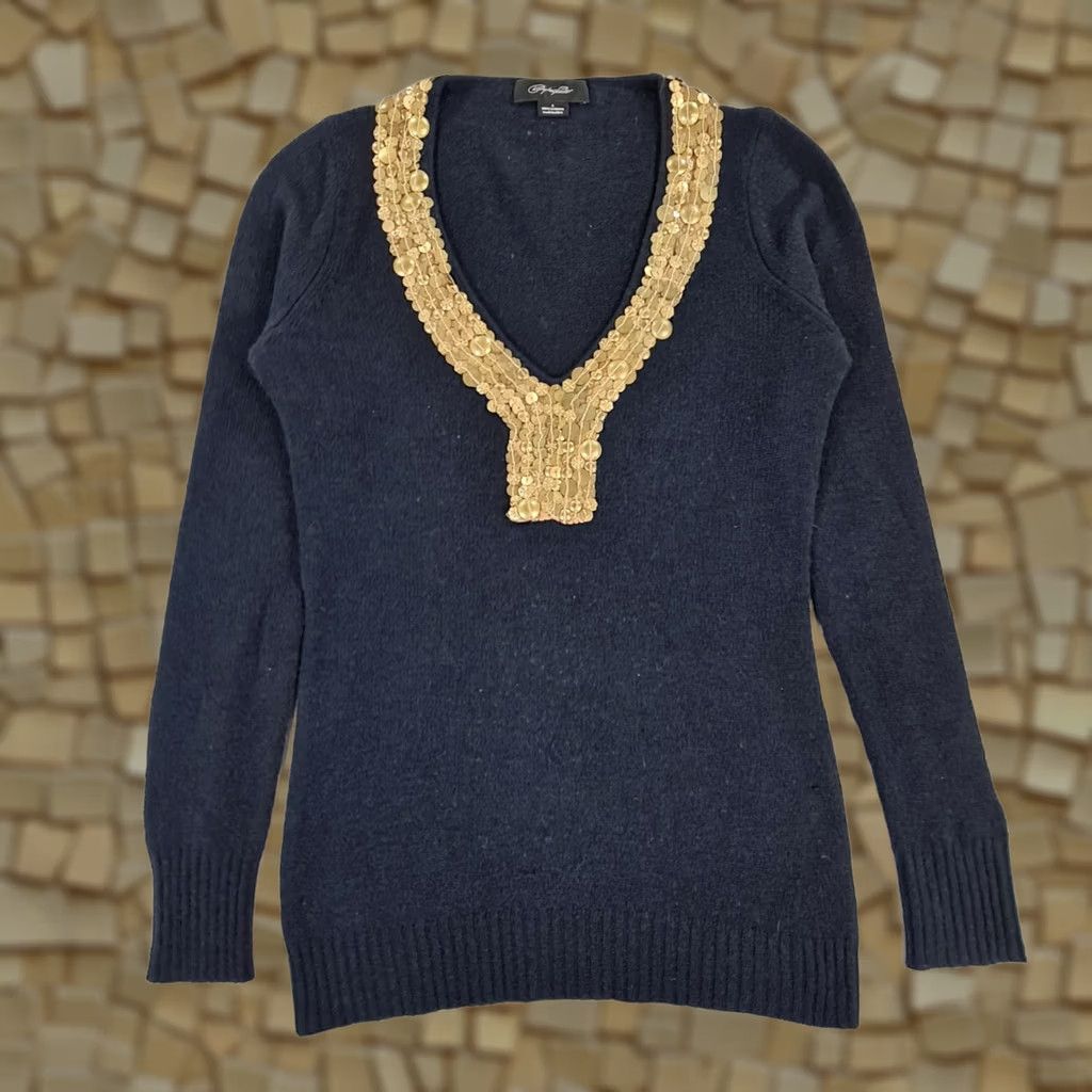 Vintage Christopher Fischef Jumper Womens V-Neck Long Sleeve 100% Cashmere Sequin Pullover Navy Blue S Size S / US 4 / IT 40 - 1 Thumbnail