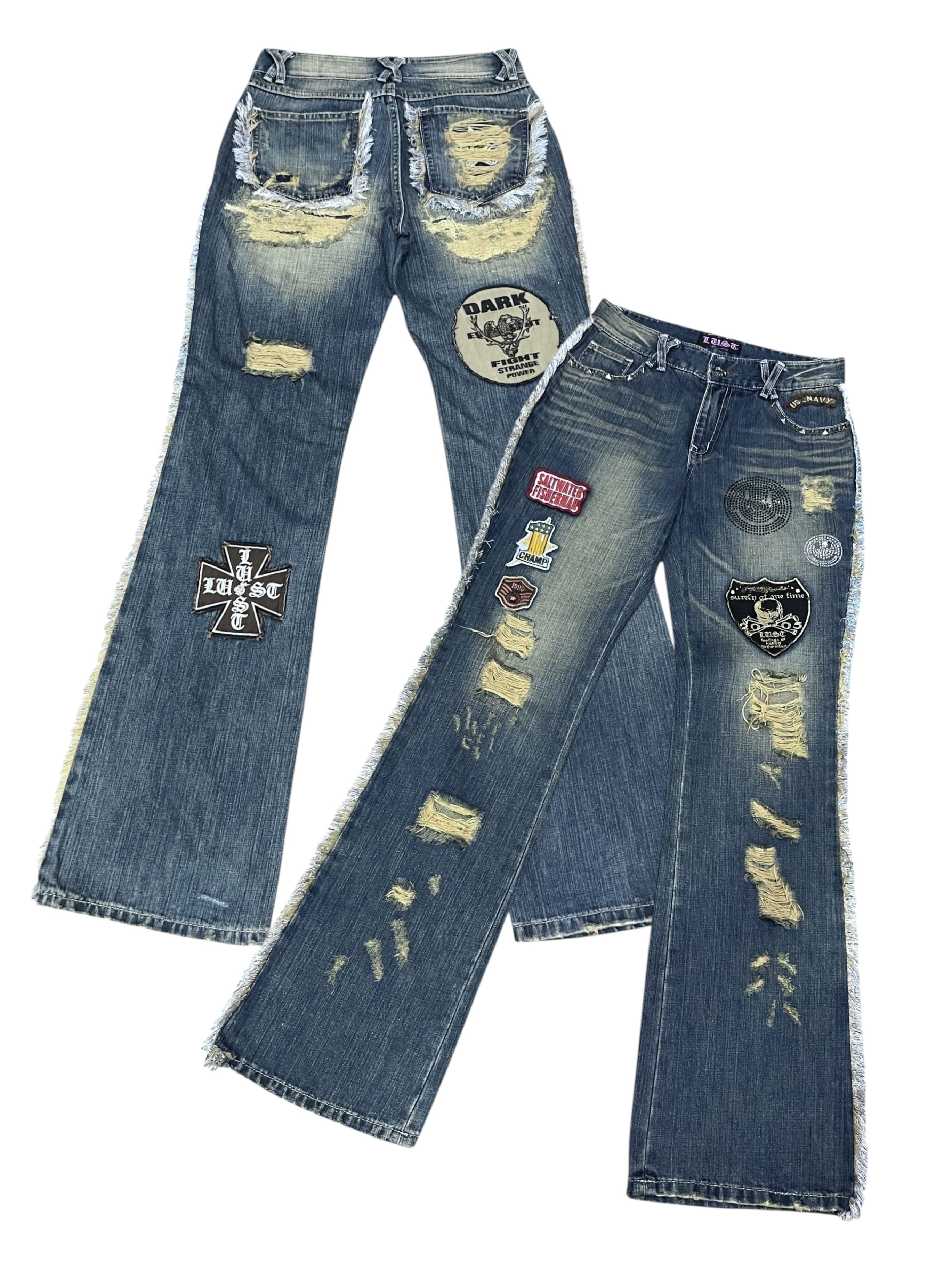 Japanese Brand LUSC Distressed Flare Jeans Patchwork, Ripped, Raw Hem Rare Size 28" / US 6 / IT 42 - 5 Thumbnail