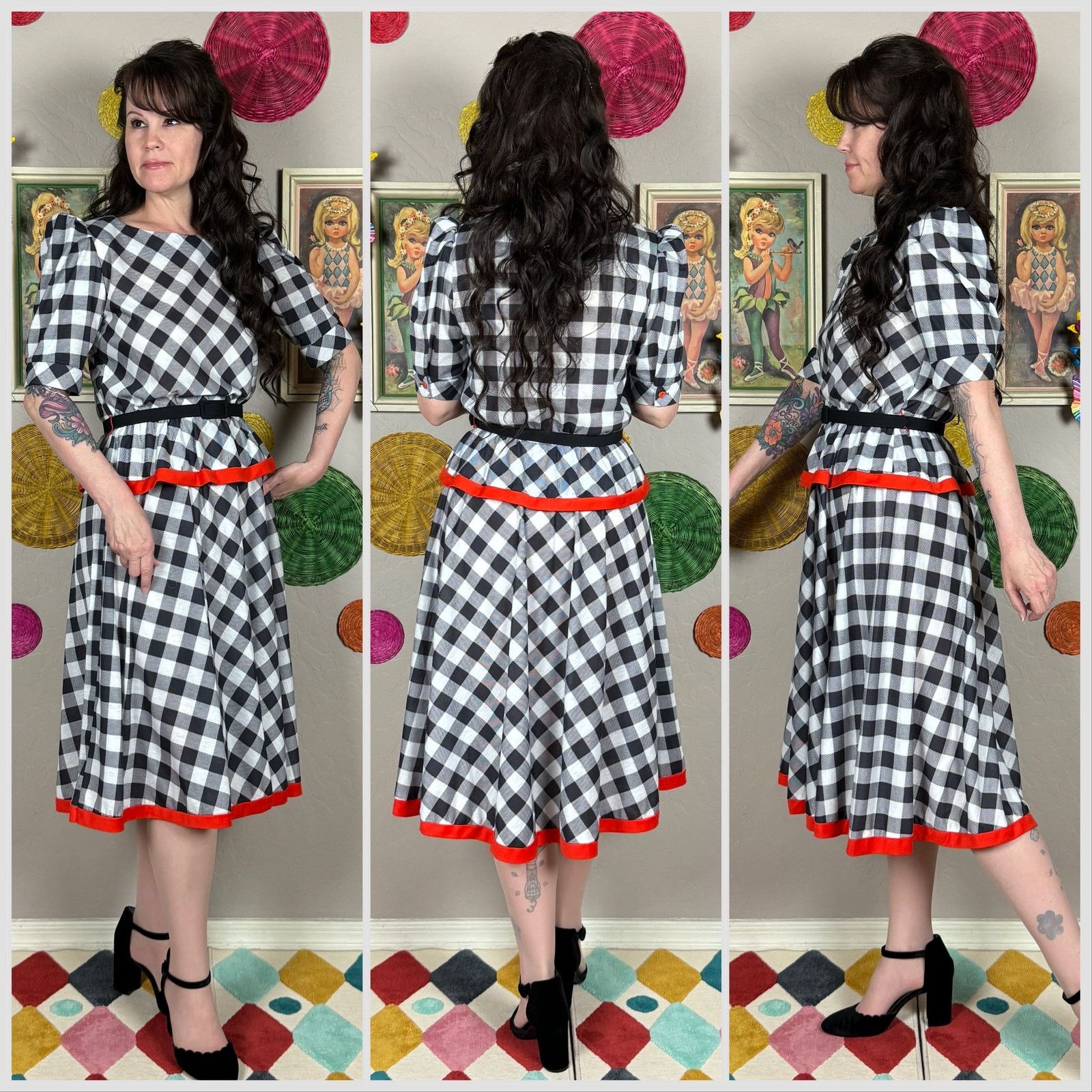 Vintage 1980s Black and White Gingham Short Sleeve Peplum Midi Dress Size S / US 4 / IT 40 - 2 Thumbnail