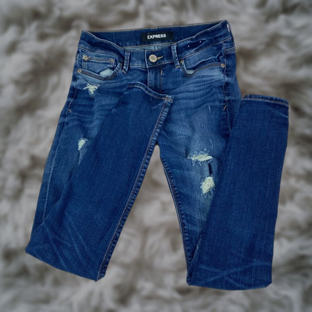 Express Express Jeans Junior Teens Size 4 Stretch Mid Rise Distressed Dark Wash - 90s City College Theme, Express Jeans, Denim, Blue, Jeans, Regular, Junior Size 27" / US 4 / IT 40 - 1 Thumbnail