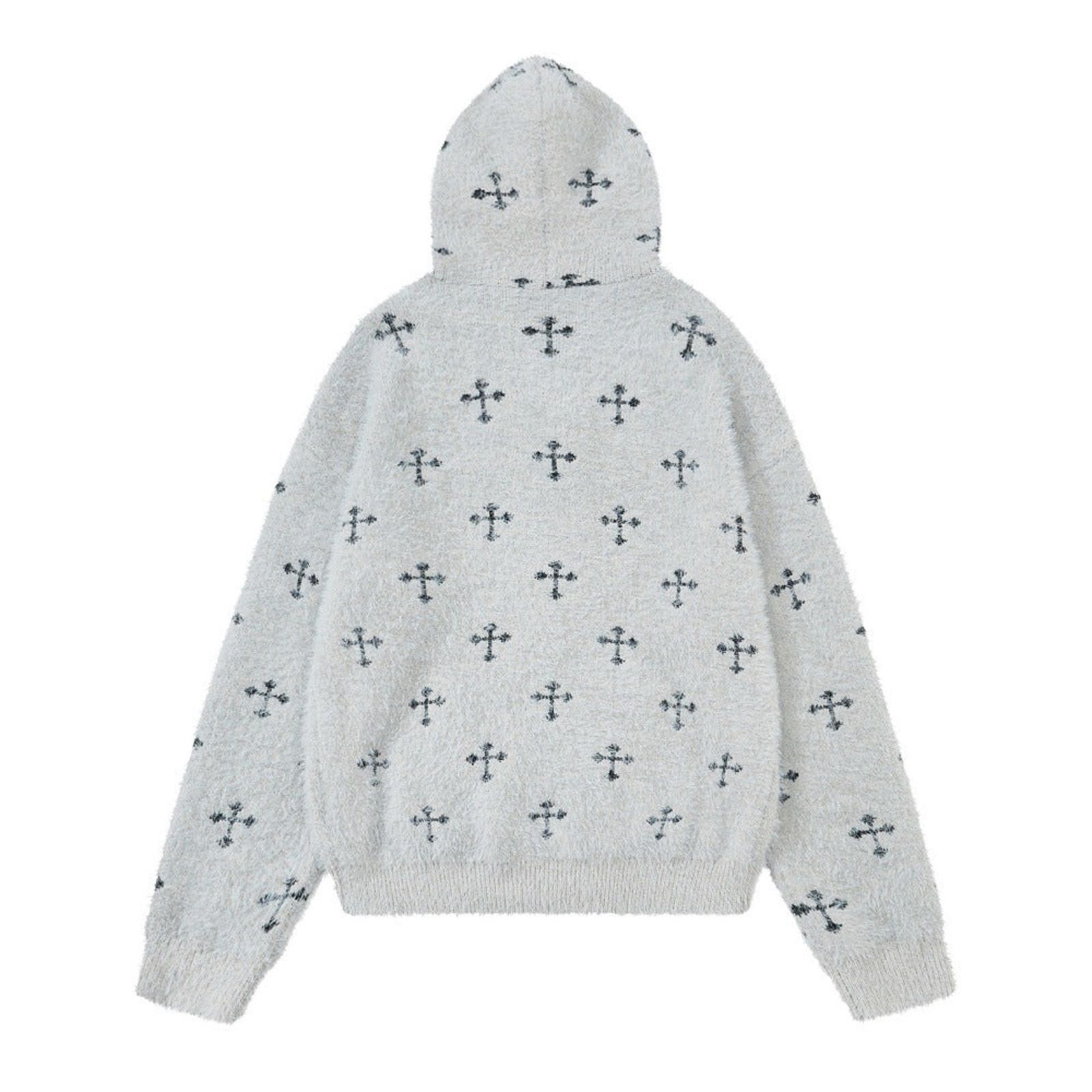 Japanese Brand Gray Fuzzy Zip-Up Hoodie with Cross Pattern Size US M / EU 48-50 / 2 - 2 Thumbnail