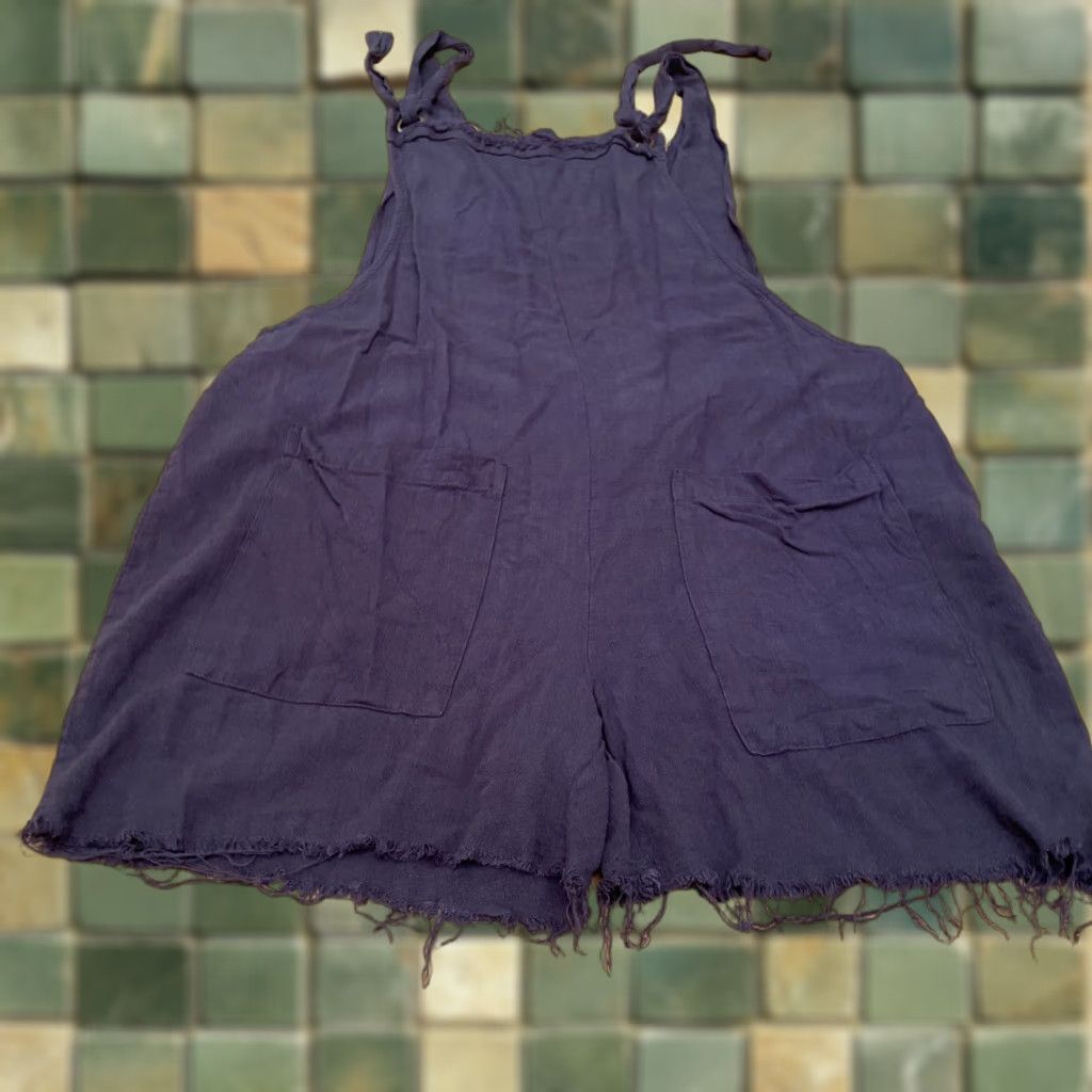 Vintage Natural Life Carly Overall Shorts Large Tie Front Navy Linen Blend Boho Casual Women Large Tie Front Shorts Size 36" / US 14 / IT 50 - 1 Thumbnail