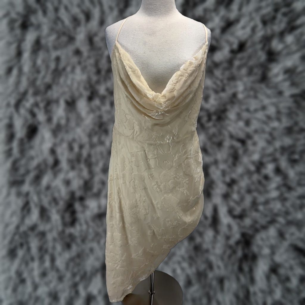 PrettyLittleThing PrettyLittleThing Dress Women 14 Ivory Floral Velvet Cowl Neck Sleeveless Lace Up Asymmetric Party Cocktail Womens Size XL / US 12-14 / IT 48-50 - 1 Thumbnail