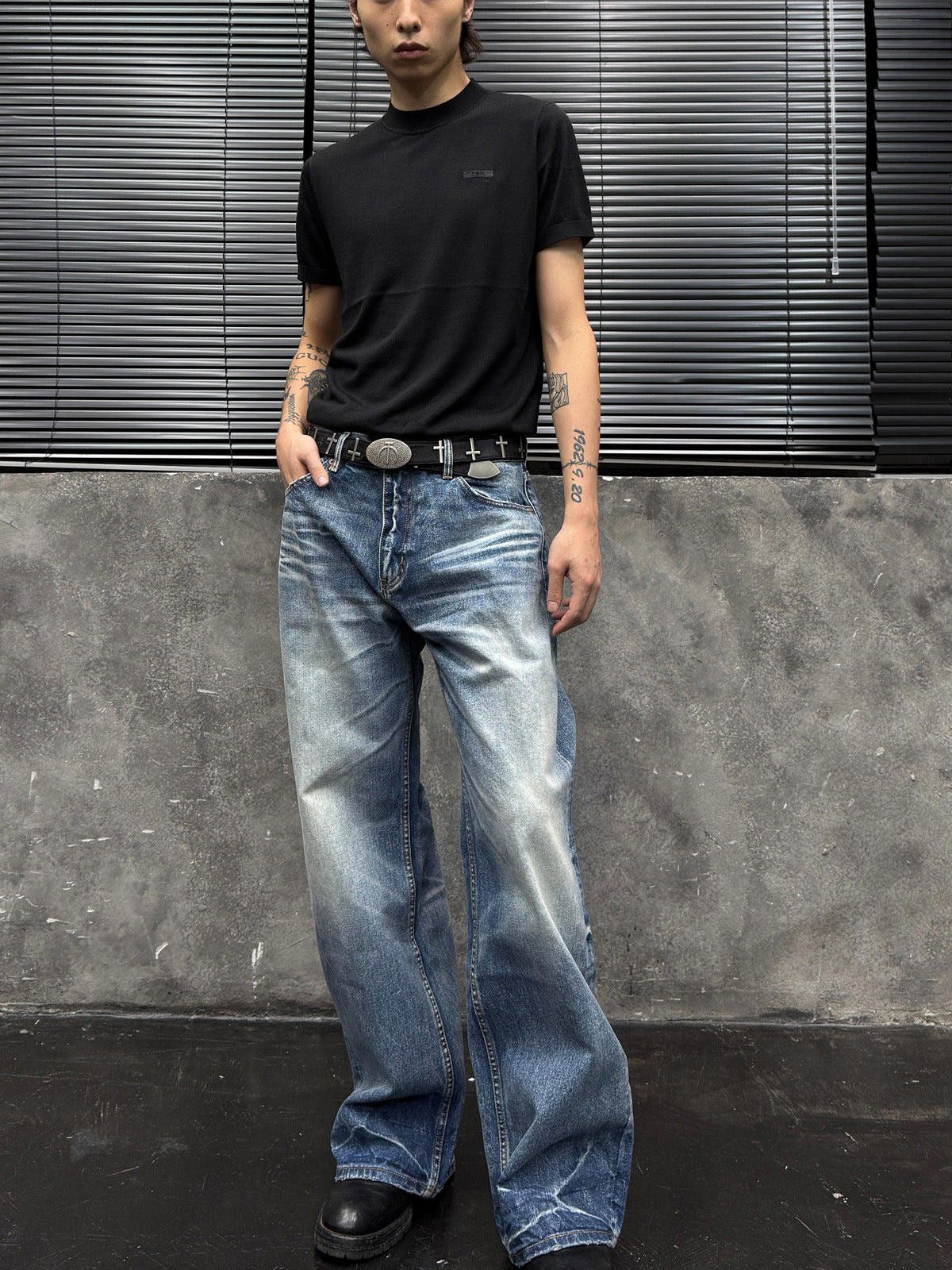 Vintage Blue Wide Leg Vintage Wash Jeans, Loose Fit Denim Pants Size US 32 / EU 48 - 1 Thumbnail