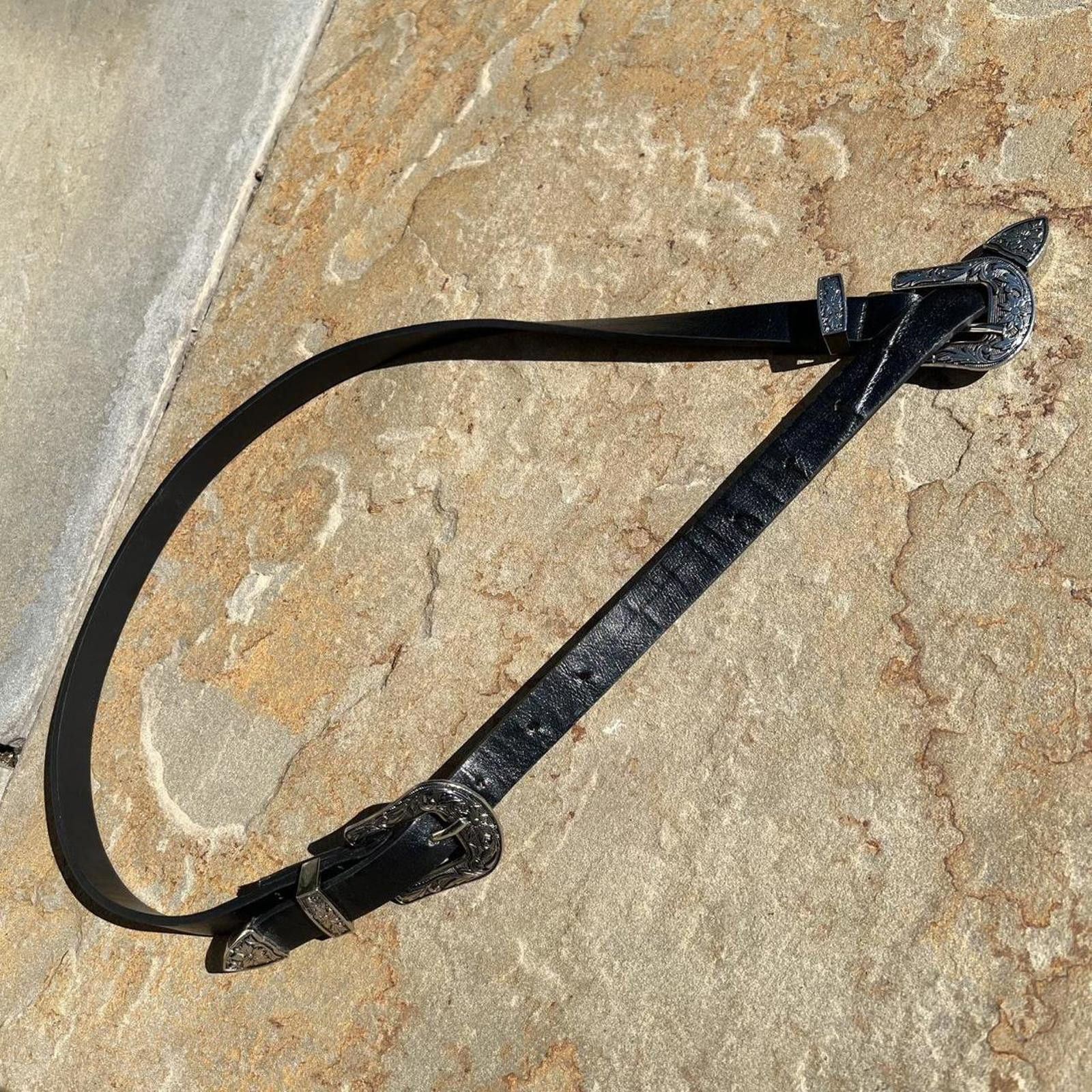 Other Black Double Buckle Black Faux Leather Metal Tipped Belt Size ONE SIZE - 3 Thumbnail