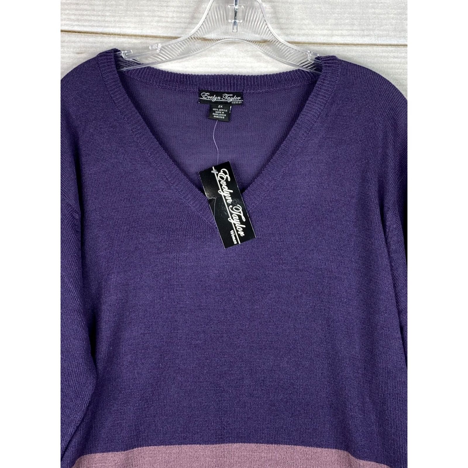 Vintage Evelyn Taylor Sweater Womens 2X Purple Striped Pullover V Neck Thin Stretchy NWT Size XXL / US 16-18 / IT 52-54 - 2 Thumbnail