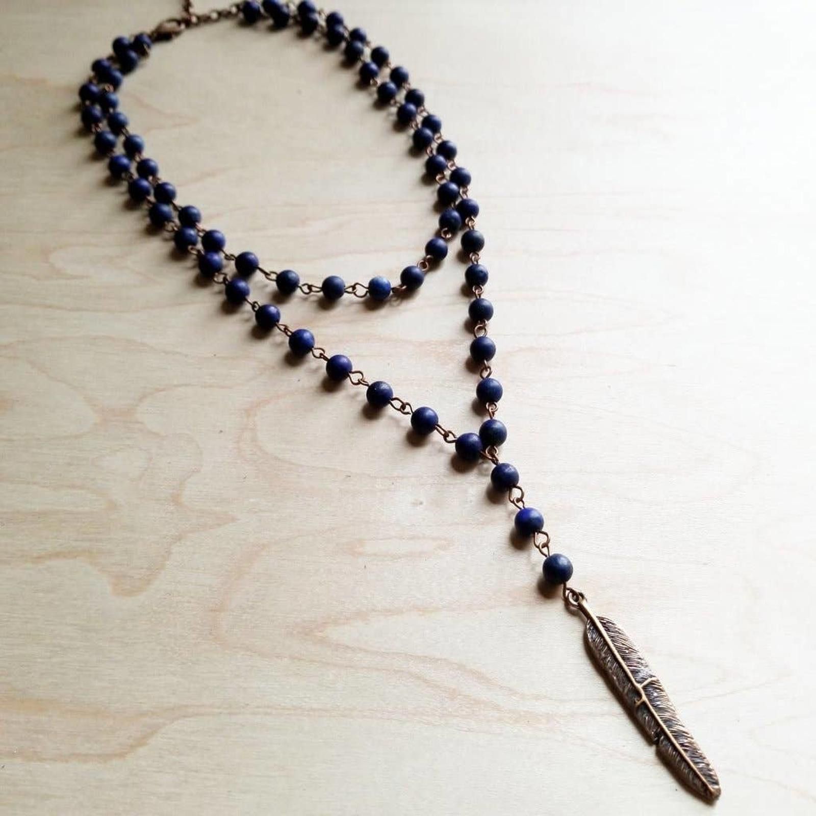 Other Blue Lapis Double Strand Lariat Necklace with Copper Feather Size ONE SIZE - 3 Thumbnail