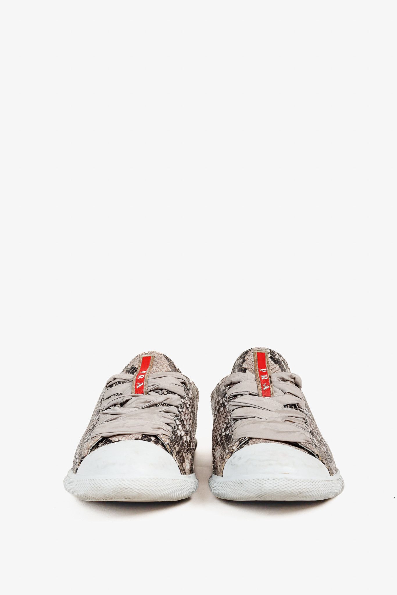 Prada Prada Red Label Taupe Snake Print Satin Ribbon Tied Sneakers Size US 7.5 / IT 37.5 - 2 Thumbnail