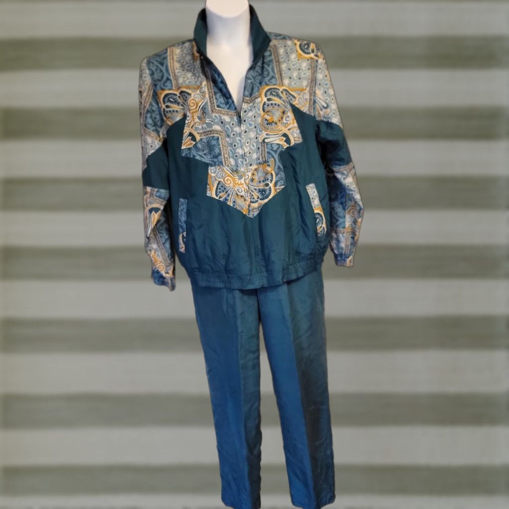 Vintage VINTAGE Hunt Club Track Suit Teal Gold 80s M Womens Silk Jacket Pants USSR? Size 32" / US 10 / IT 46 - 1 Thumbnail