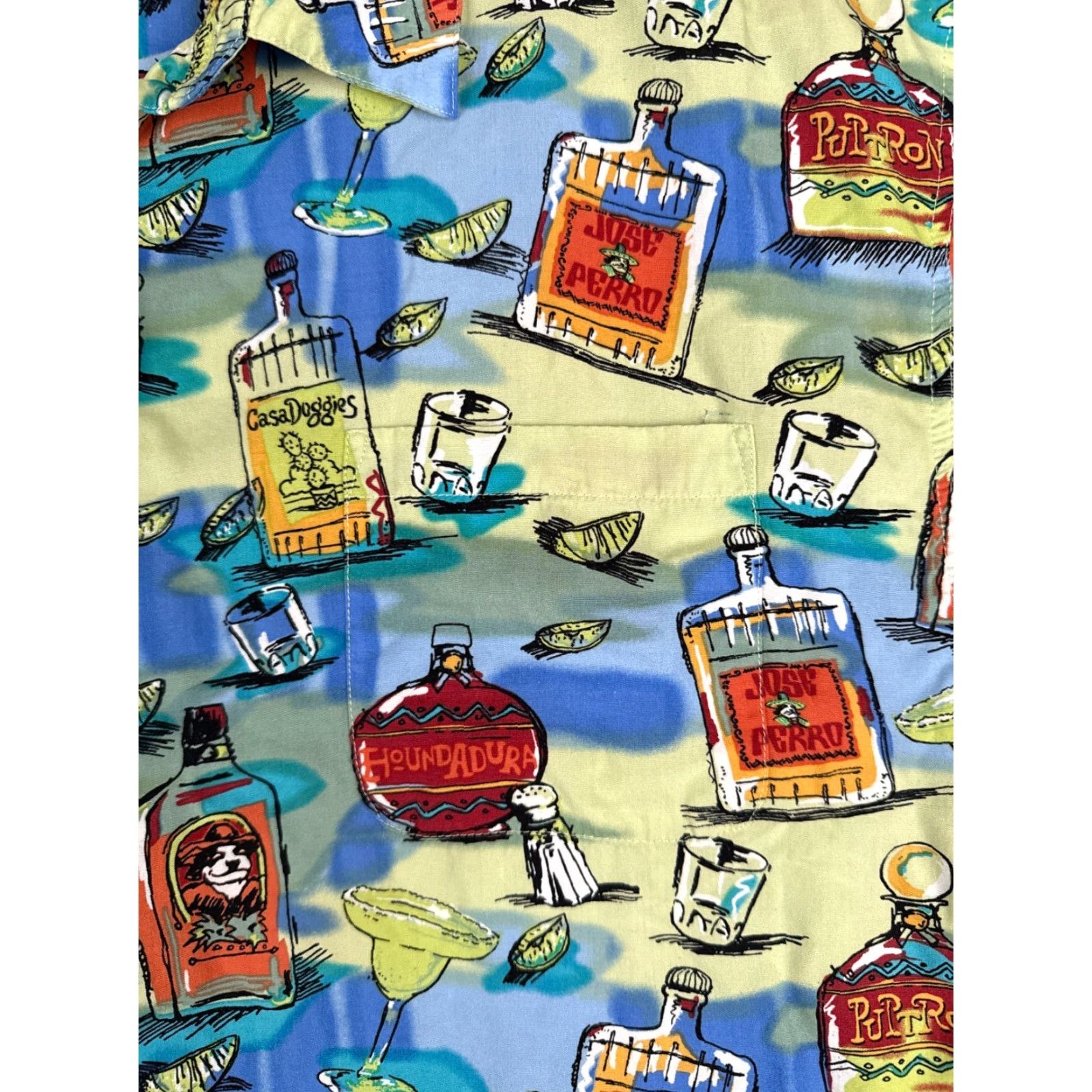 Big Dogs Shirt Adult 2XL XXL 100% Rayon Blue Green Fruits Cocktails Hawaiian