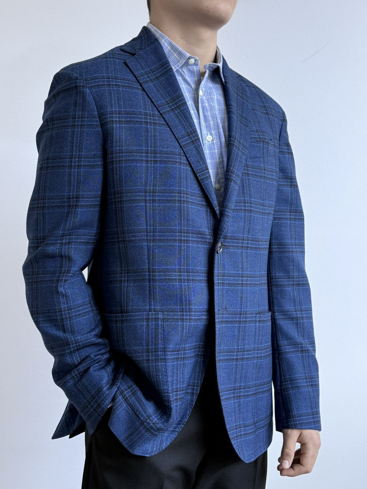Boggi Boggi Milano Wool Drago 130s Navy Blue Plaid Blazer Jacket Size 42R - 1 Thumbnail