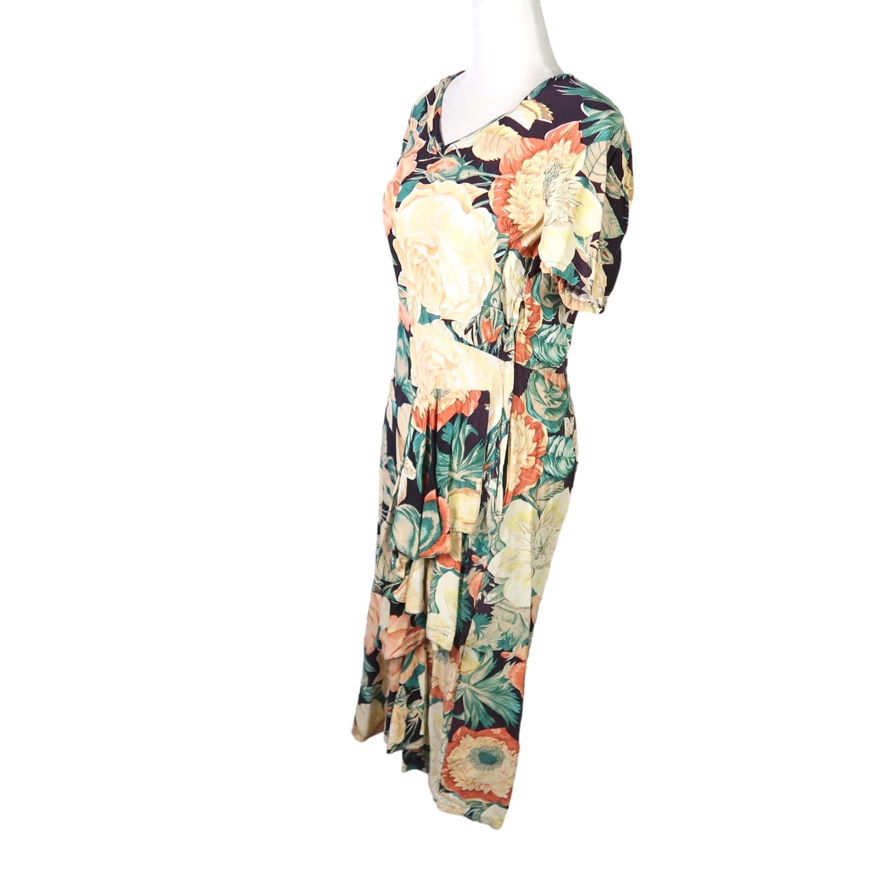 Vintage VINTAGE 90s All That Glitters Floral Midi Dress S Black Pale Yellow Women V-Neck Short Sleeve Cotton A-Line 43" Long Size S / US 4 / IT 40 - 3 Thumbnail