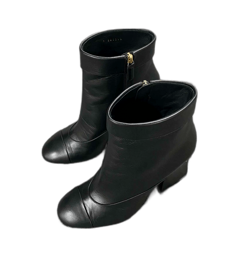 Chanel Pearl Logo High Heel Shoes Ankle Boots -2505 in Black, Women's (Size 7)