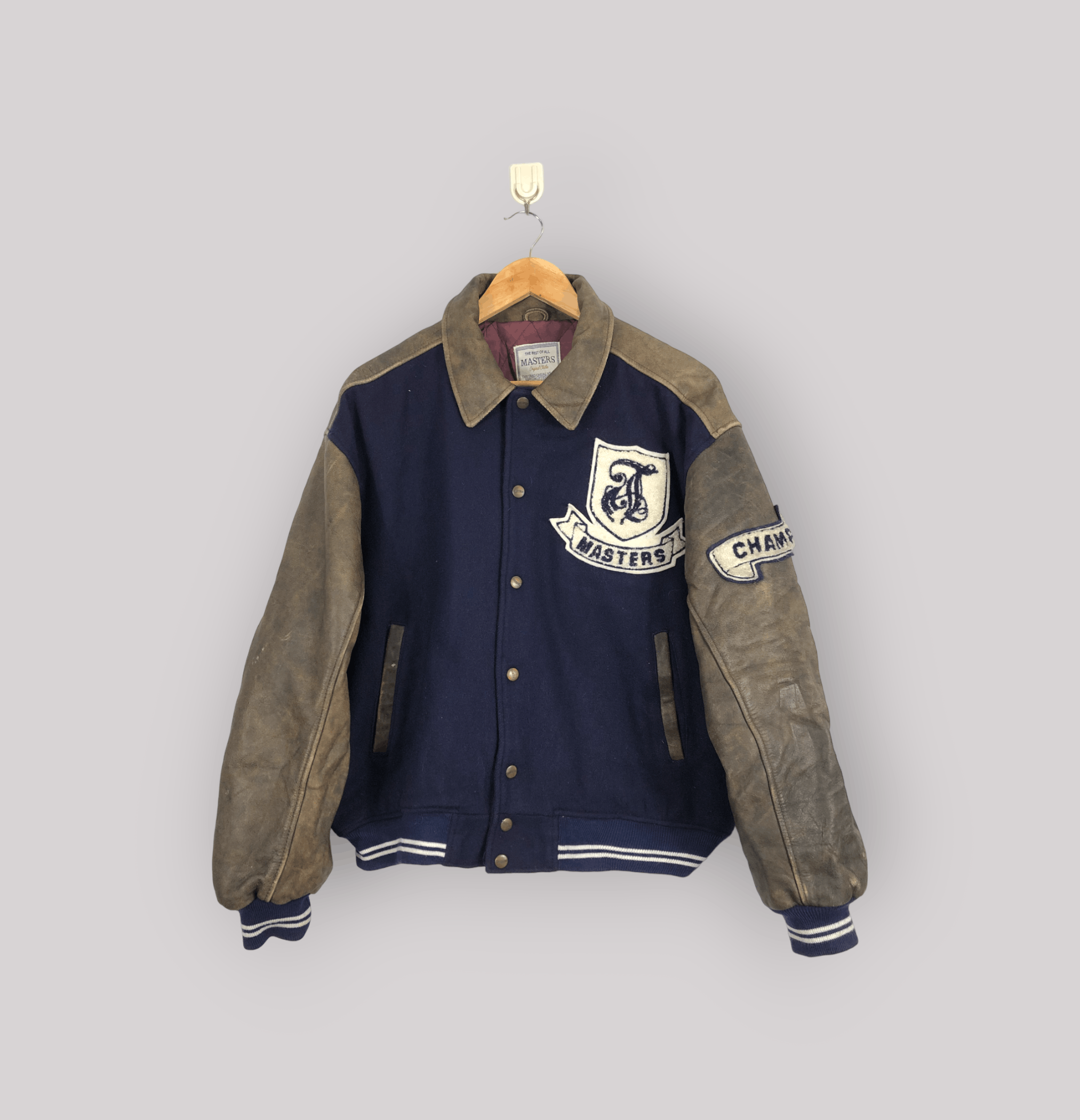 image of 80's Masters Patchwork Leather Varsity Jacket in Dark Blue, Men's (Size XL)