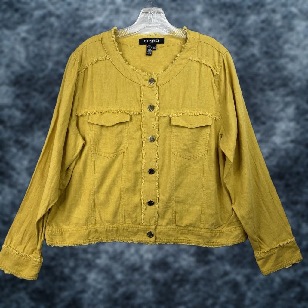 Ellen Tracy Ellen Tracy Jacket Women XL Petite Gold Button Up Fringe Boho Linen Blend Short Open Collarless Pockets Unlined Size XL / US 12-14 / IT 48-50 - 1 Thumbnail