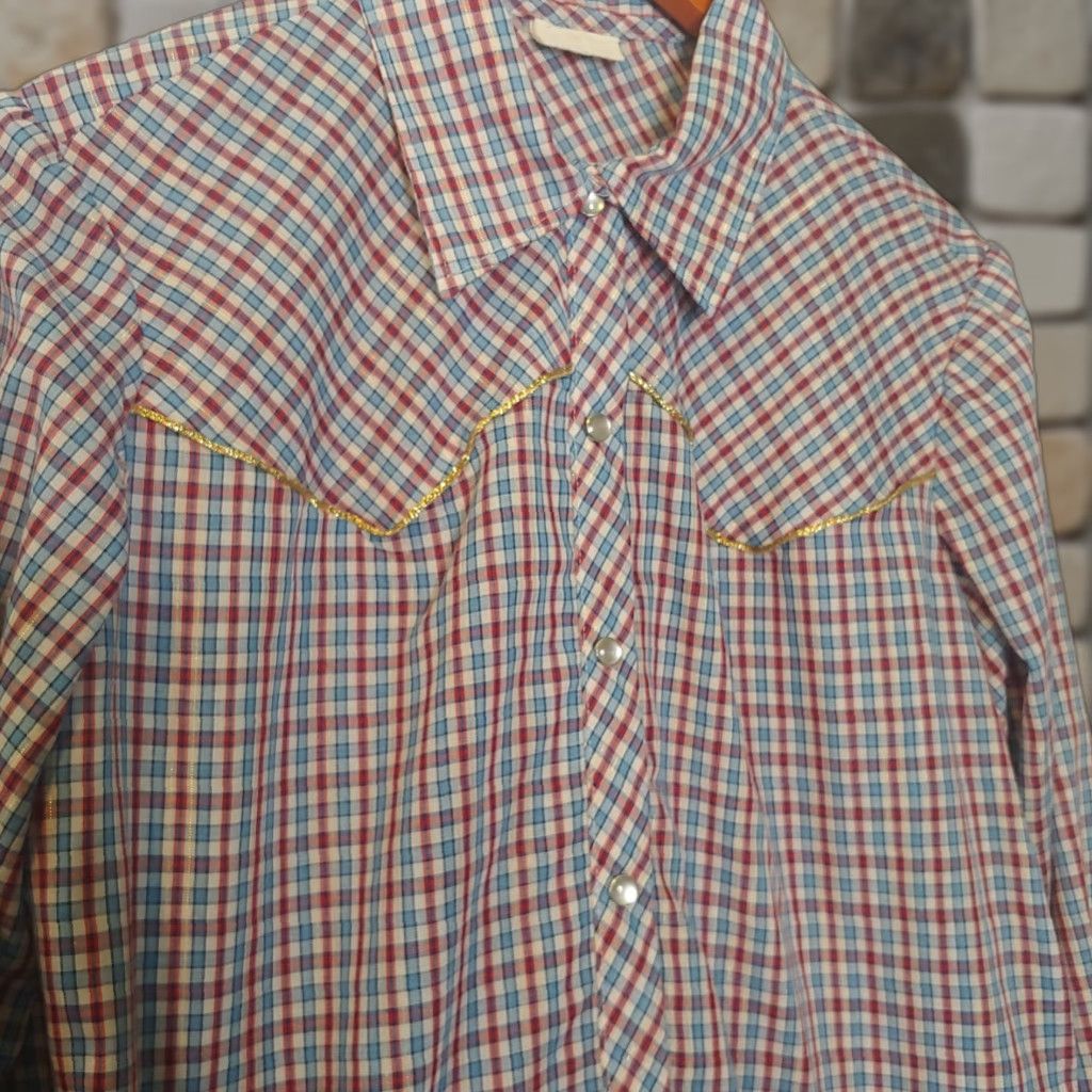 Vintage VINTAGE Land N Sea Shirt Women XL Pearl Snap Western Metallic Gold Piping Plaid Red/White/Blue/Gold Casual Women's Blouse Size XL / US 12-14 / IT 48-50 - 1 Thumbnail