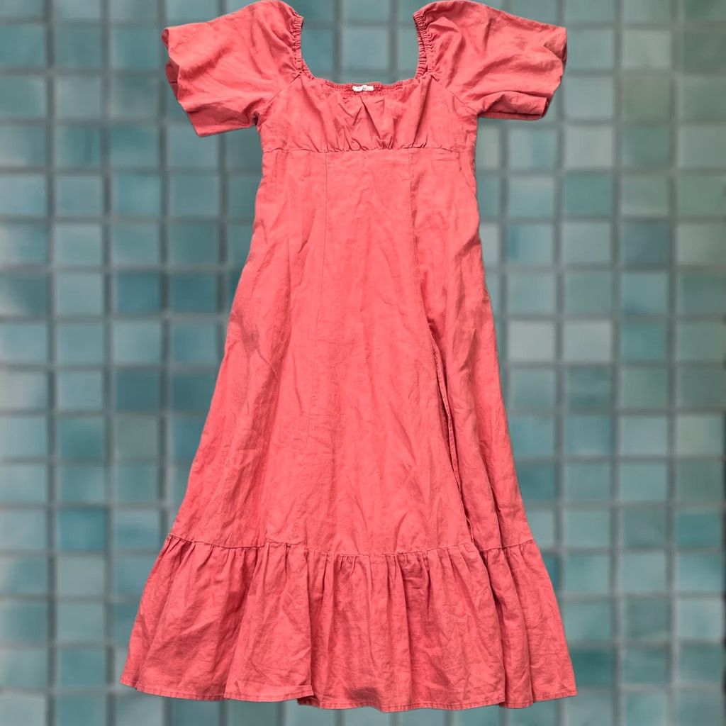 Vintage In Loom Dress Womens Large Pink Linen Blend Ruffle Hem Puff Sleeve Cottagecore Size L / US 10 / IT 46 - 1 Thumbnail