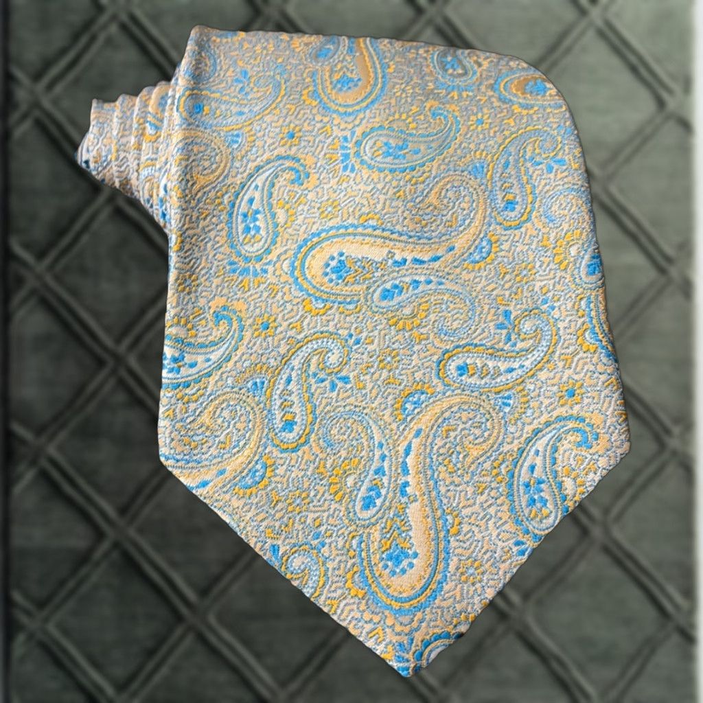 Vintage Mr John beau Brummell Mens Silk Jacquard Paisley Floral Tie Yellow Blue Size ONE SIZE - 1 Thumbnail