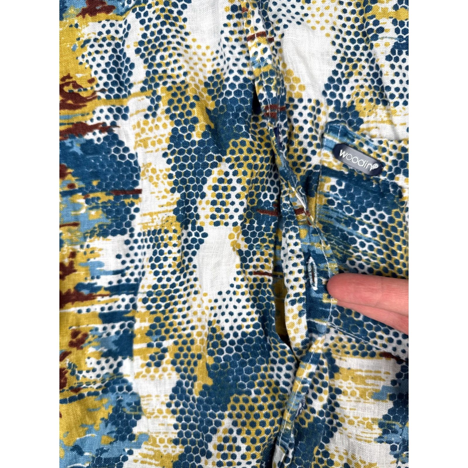 Vintage Woodin Hawaiian Shirt Men Small Blue Camo Polka Dot 100% Linen Beach Button Up Size US S / EU 44-46 / 1 - 7 Thumbnail