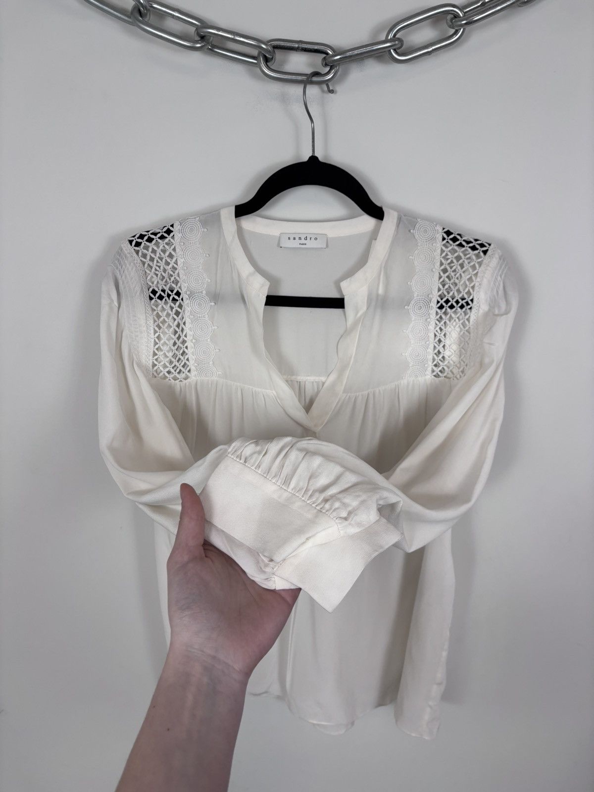 Sandro Sandro H18 Tommy NWT Women’s White Silk Long Sleeve Blouse Size S / US 4 / IT 40 - 9 Thumbnail