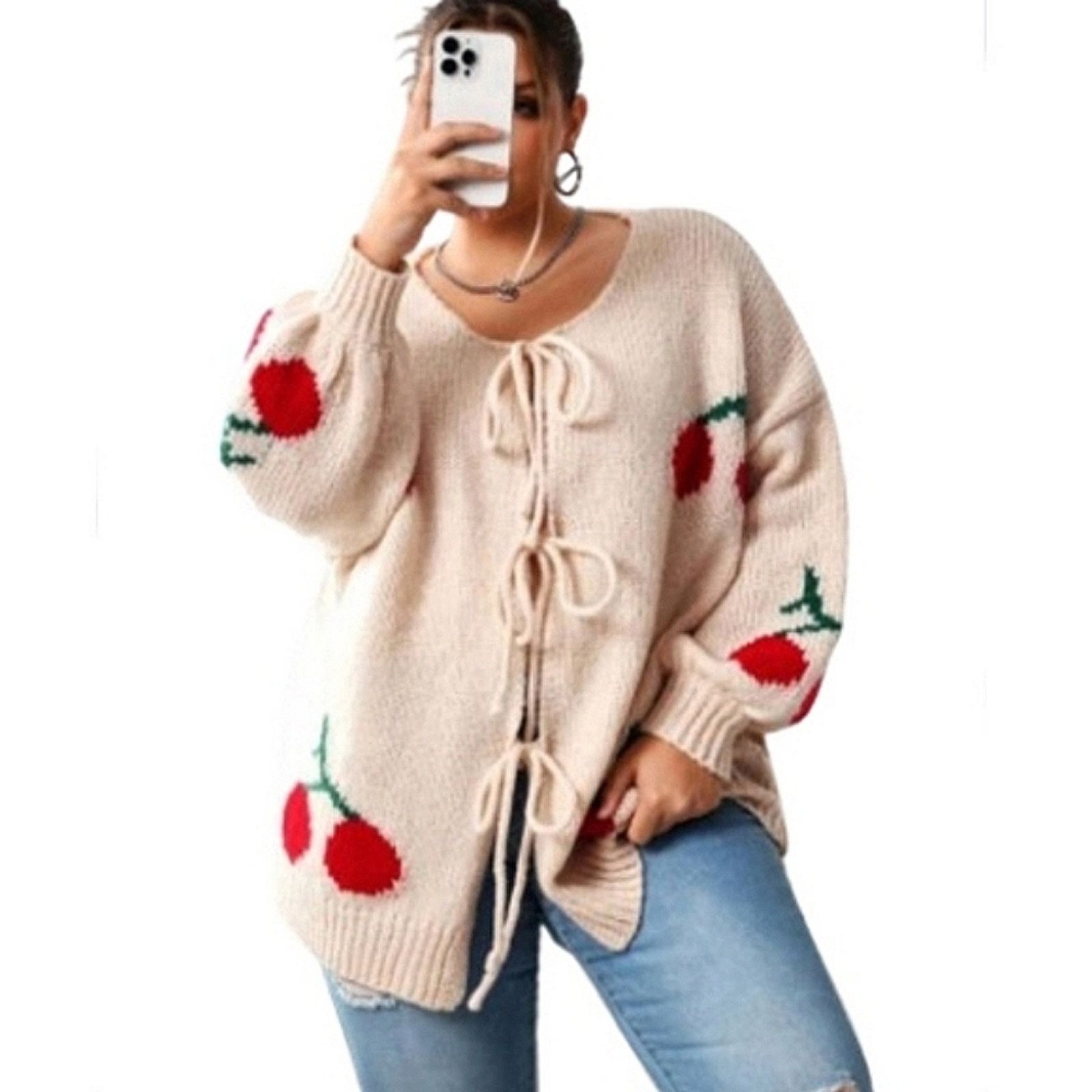 Shein JUICY CHERRIES ☆ TIE FRONT ☆ PEACHY CREAM CARDIGAN 22w ☆ NWT Size 3XL / US 20-22 - 3 Thumbnail