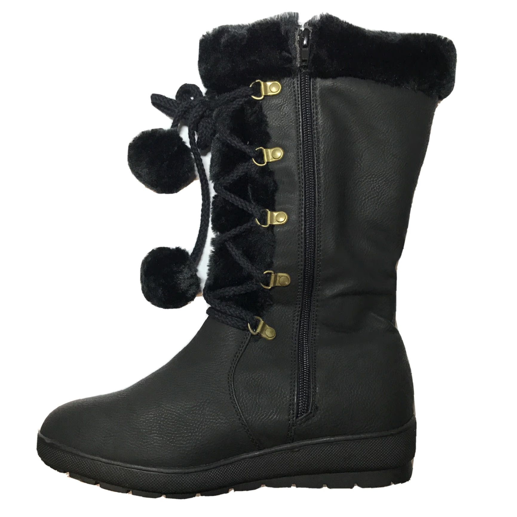 Vintage Reneeze Women's Winter Snow Boots Size 7 Black Faux Leather Fur Trim Mid-Calf Flat Size US 7 / IT 37 - 2 Thumbnail