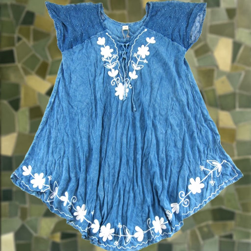 Rivieras Riviera Sun Dress Floral Short Sleeve Smock XL Blue White Embroidered Midi NWT Rayon Women's Shirt Dress Size 40" / US 18 - 1 Thumbnail