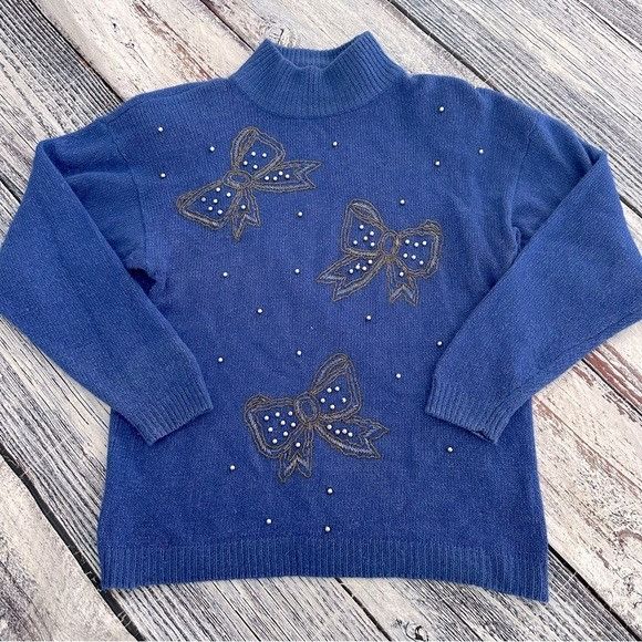 Vintage Vintage Dana Scott Silk Knit Beaded Bow Mock Neck Blue Sweat Size M / US 6-8 / IT 42-44 - 1 Thumbnail
