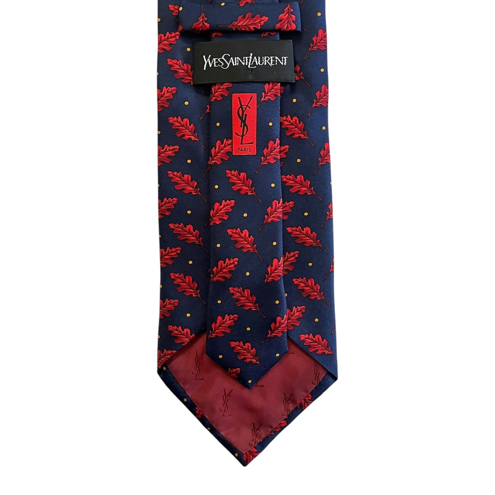 Yves Saint Laurent Yves Saint Laurent YSL Navy Blue Red Leaf Print Silk Tie Size ONE SIZE - 3 Thumbnail