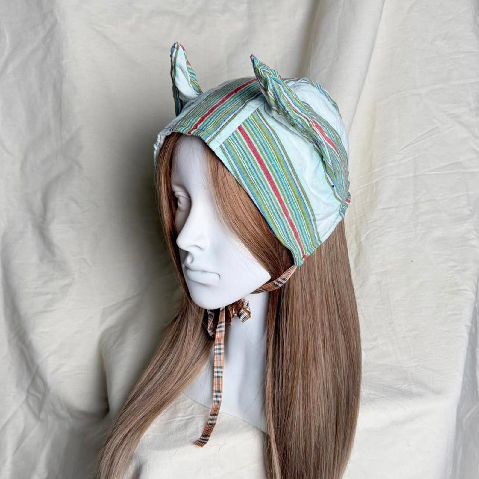 Japanese Brand Handmade Reversible Striped Pointed Devil Ear Bonnet Size ONE SIZE - 2 Thumbnail