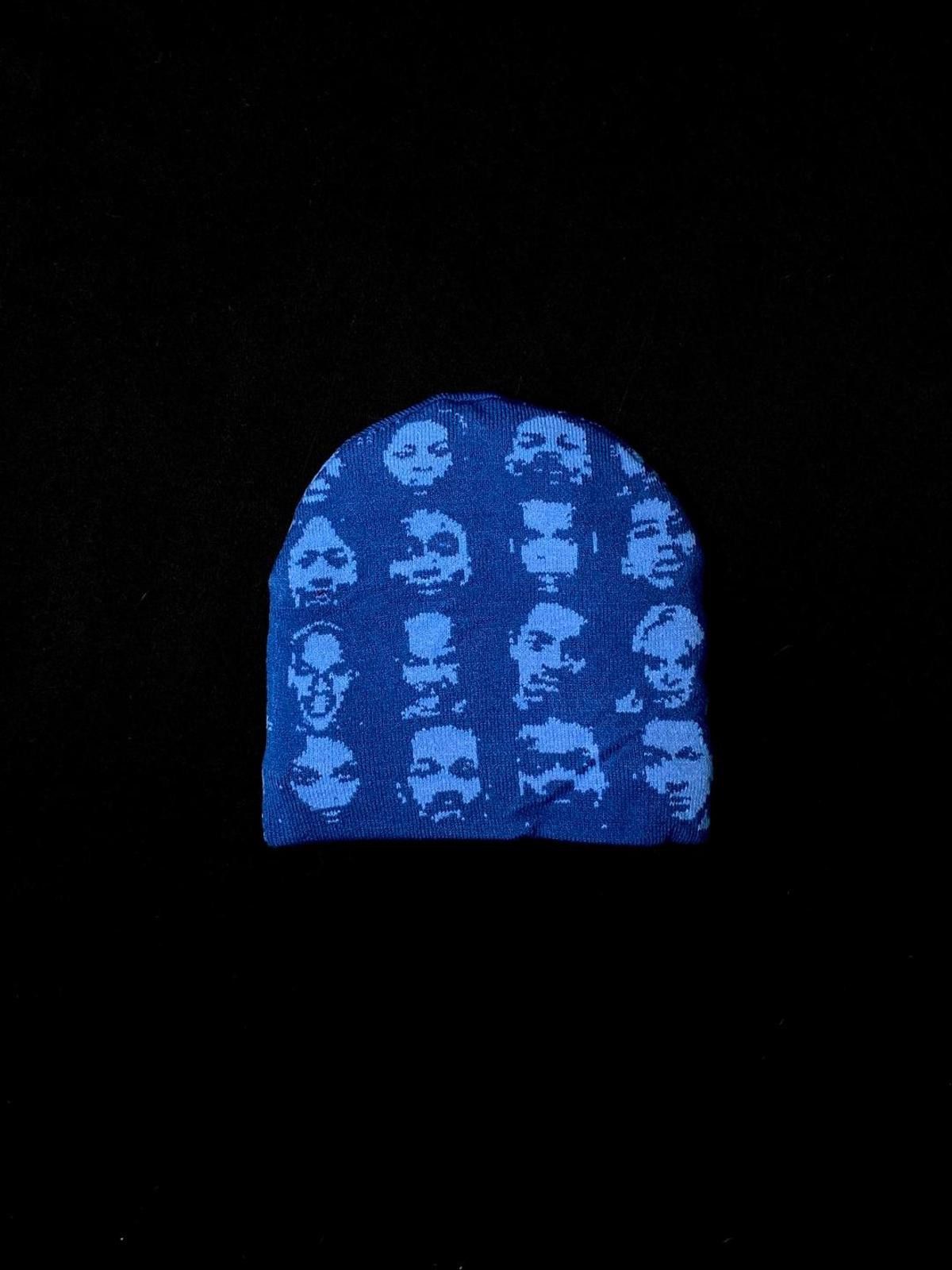 Japanese Brand Deadstock Faces Graphic No Cuff Knit Blue Beanie Hats OS Size ONE SIZE - 3 Thumbnail