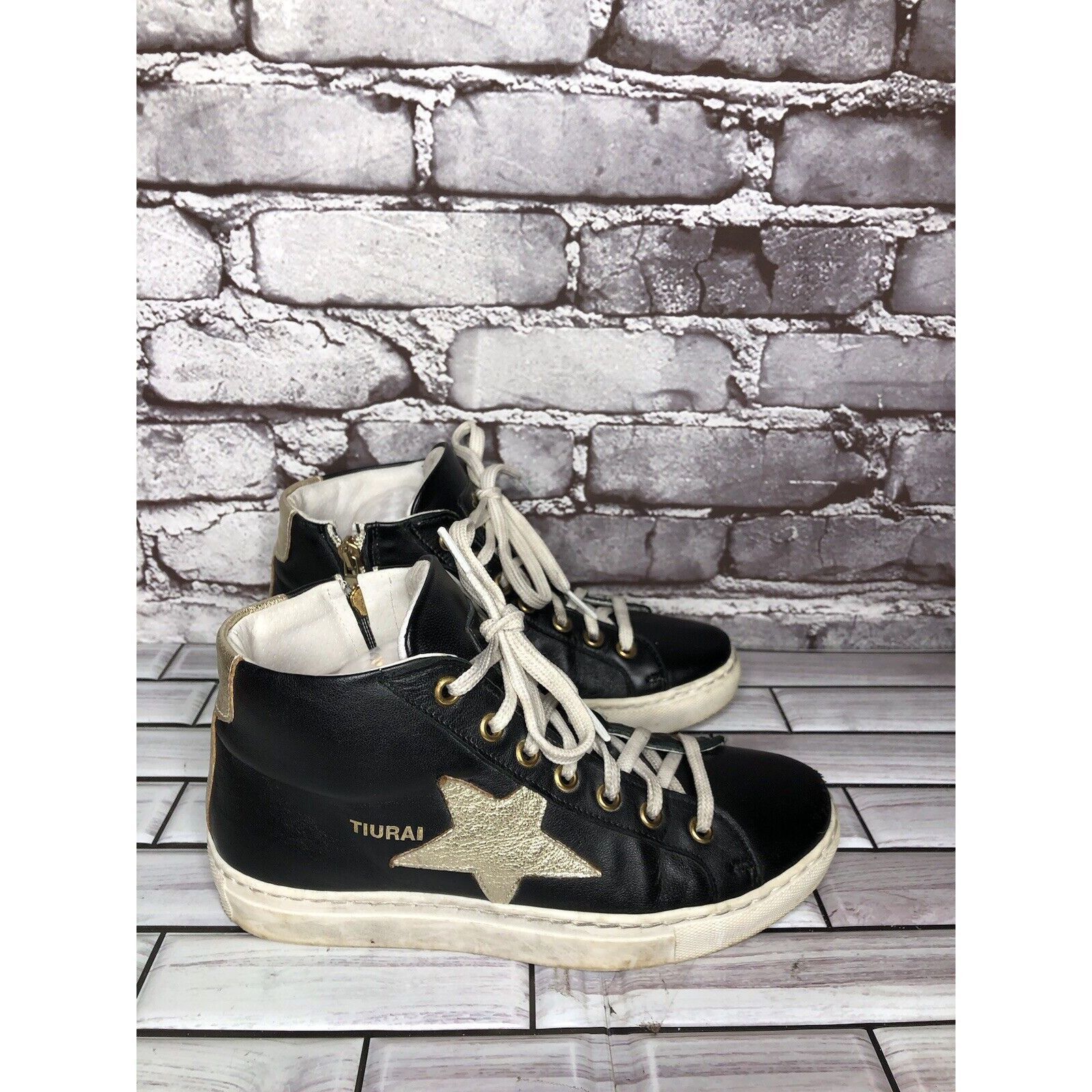 Other Tiurai Logo Black Leather High Top Lace Up Sneakers Shoes Wo Size US 6 / IT 36 - 12 Thumbnail