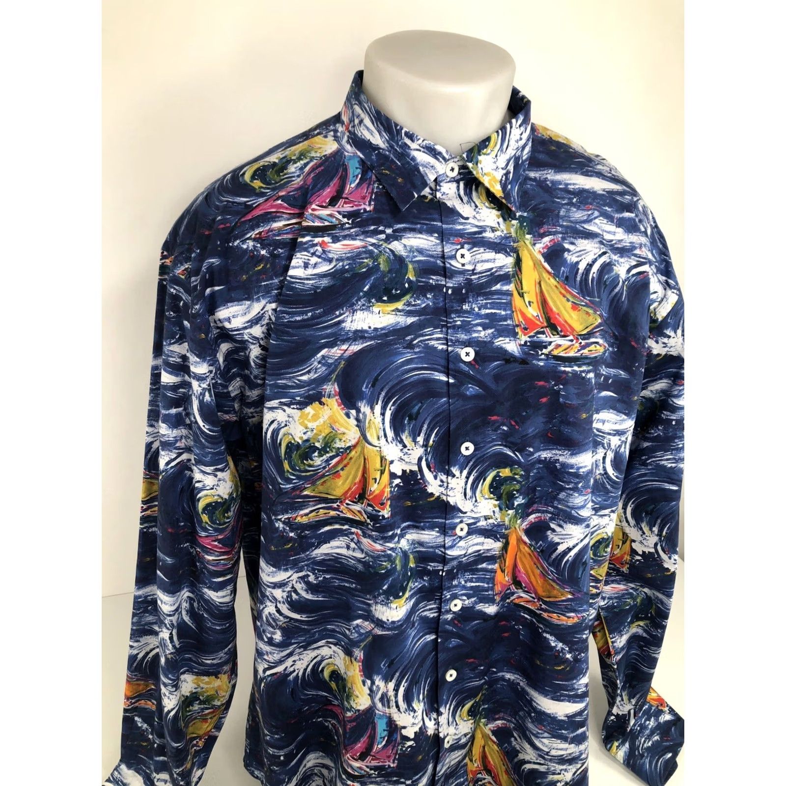 BUGATCHI BUGATCHI Shirt 2XL Navy Blue Sailboat Ocean Storm Theme Nautical Button-Up Mens Long Sleeve Size US XXL / EU 58 / 5 - 3 Thumbnail