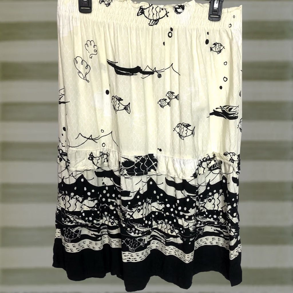 Vintage Line Two Midi Skirt L Ivory Yellow Ruffles Fish Abstract 32"W Artsy Fun Festival Skirt Women Knee Length Adults Fashion - Womens Size 36" / US 14 / IT 50 - 1 Thumbnail